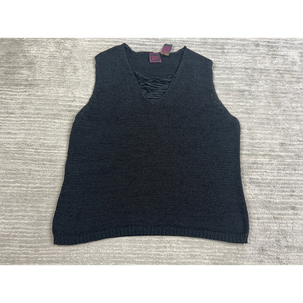 Colour Works Sweater Vest Women XL Black V-Neck Lattice Strappy Knit Relaxed Fit